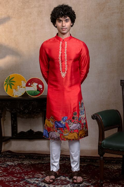 Padma Gopala — Red Krishna Mural Falling Raw Silk Kurta