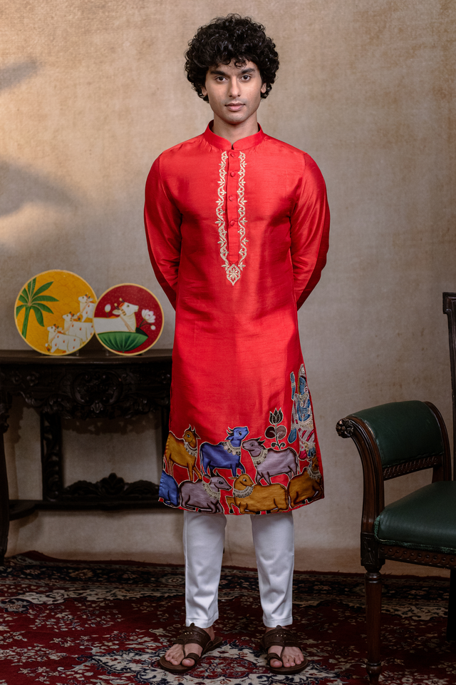 Padma Gopala — Red Krishna Mural Falling Raw Silk Kurta