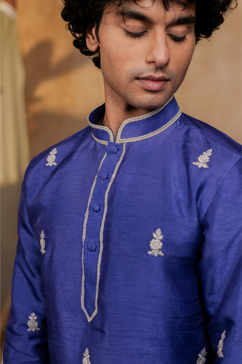 Silver Stitches — Blue Silver Zari Embroidered Falling Raw Silk Kurta
