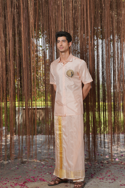 Mayura Kanjivaram — Light Pink Peacock Hand Embroidered Kanjivaram Pattu Silk Shirt & Lungi Set