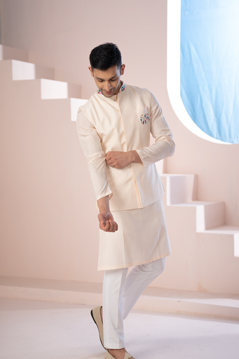 Peach Elephant — Peach Thread Embroidered Semi Raw Silk Nehru Jacket