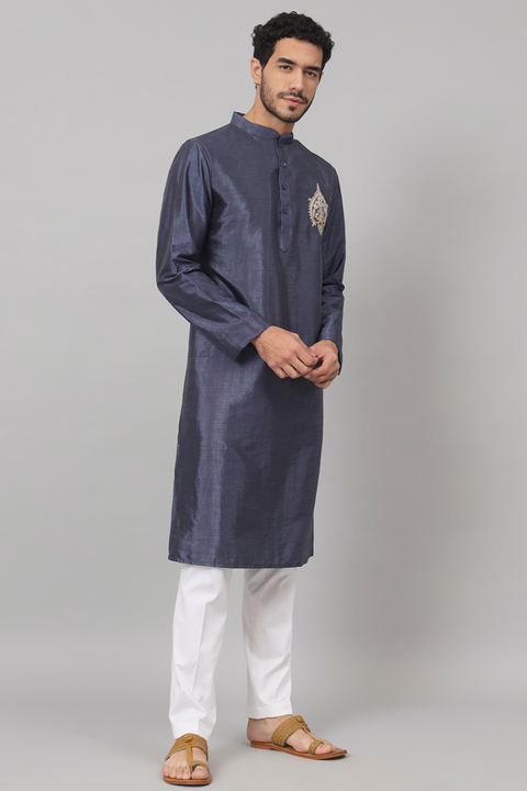 Cyan — Blue Embroidered Falling Raw Silk Kurta