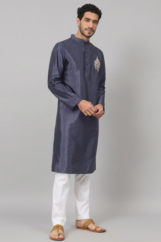 Cyan — Blue Embroidered Falling Raw Silk Kurta