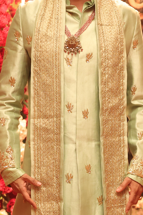 Sage — Sage Green Hand Embroidered Chiniya Pattu Sherwani Set