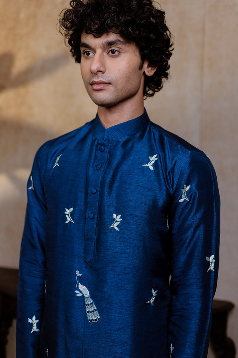Neel Mayura — Teal Blue Peacock Embroidered Falling Raw Silk Kurta