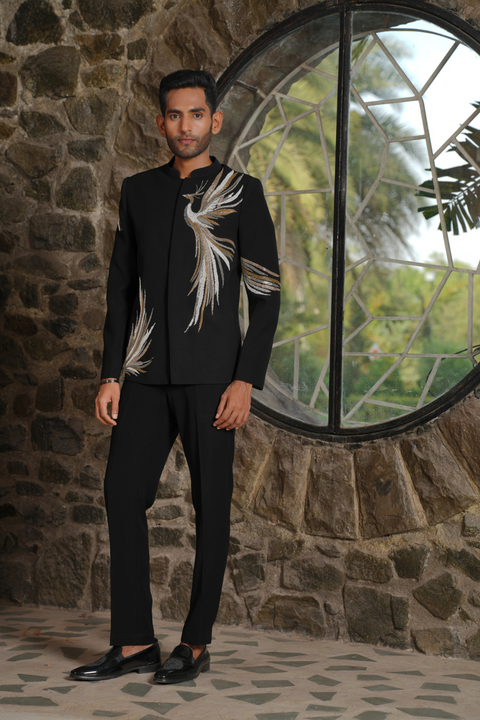 Skyflare — Black Metallic Peacock Embroidered British Suede Suiting Bandhgala