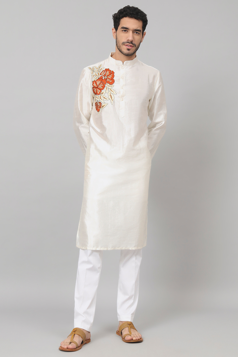 Beju — Off White Embroidered Falling Raw Silk Kurta