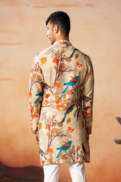 Serene — Cream Bird Print Cotton Kurta