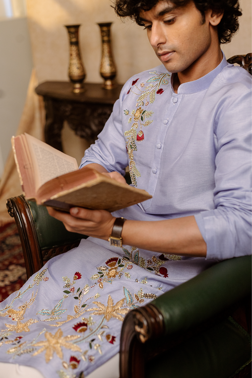 Botanical Bloom — Lavender Floral Embroidered Falling Raw Silk Kurta