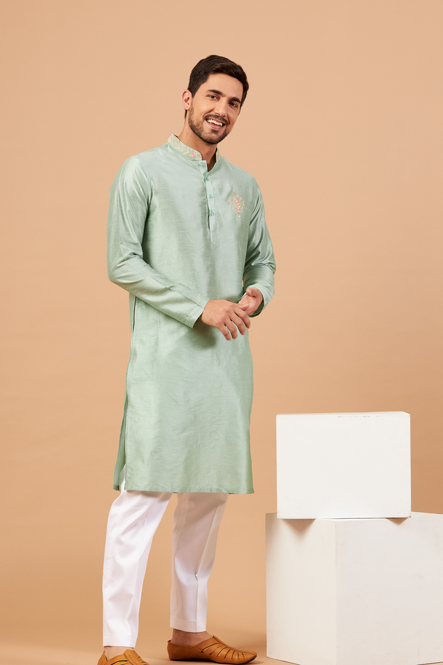 Amil — Pastel Green Embroidered Falling Raw Silk Kurta