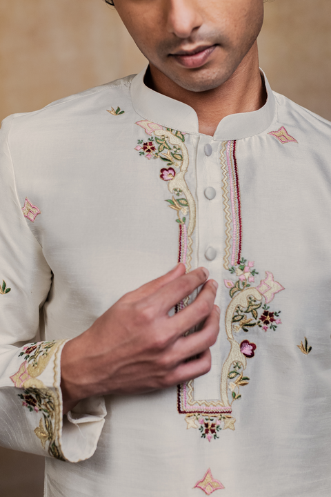 Geometric Symphony — Geometric Embroidered Falling Raw Silk Kurta