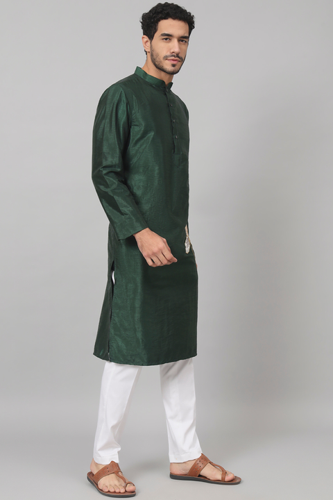Wijze — Green Embroidered Falling Raw Silk Kurta