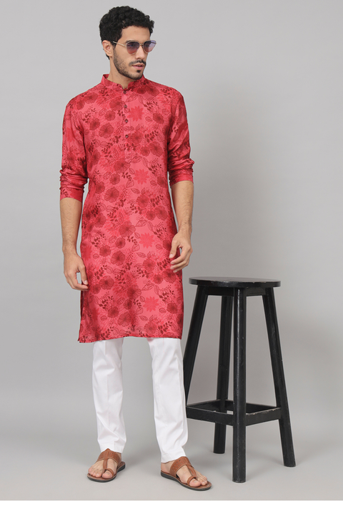 Blossomage — Red Floral Print Silk Kurta