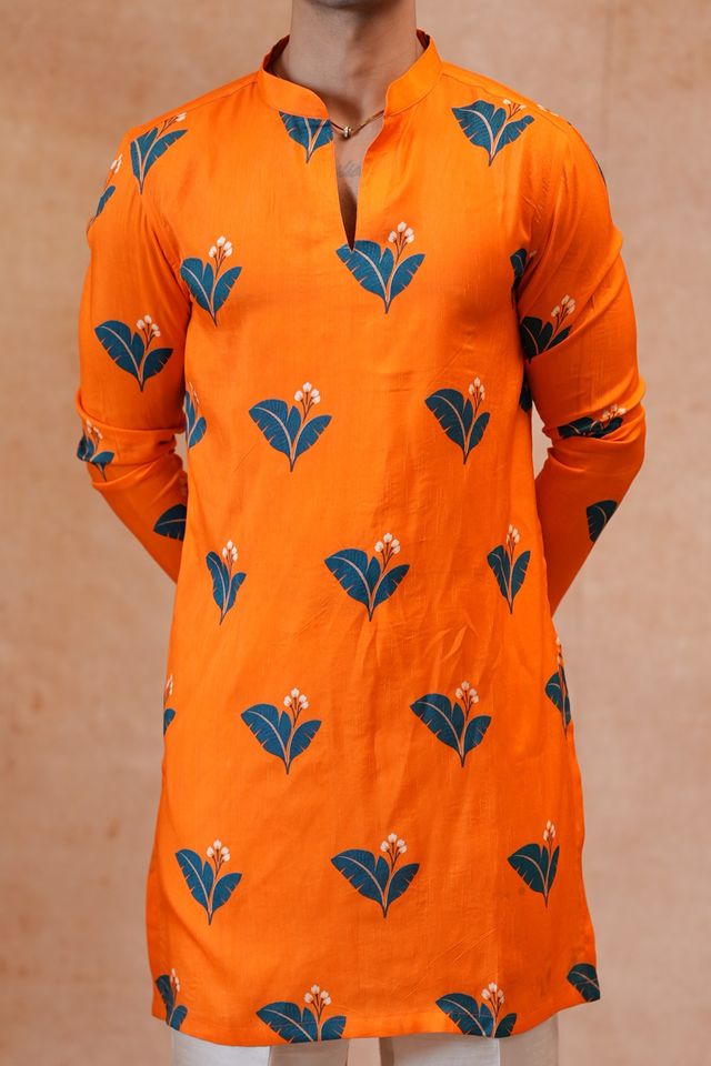 Citrus Bloom — Orange Leaf Sprig Printed Falling Raw Silk Kurta