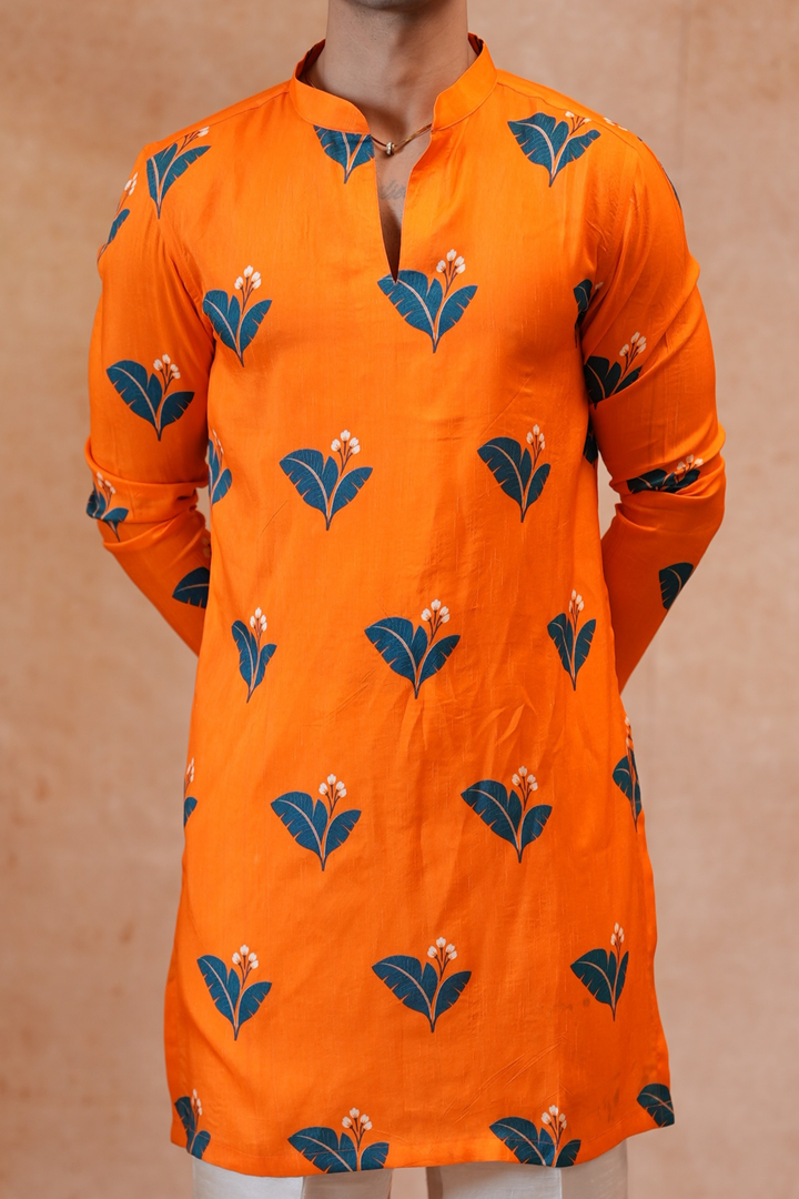 Citrus Bloom — Orange Leaf Sprig Printed Falling Raw Silk Kurta