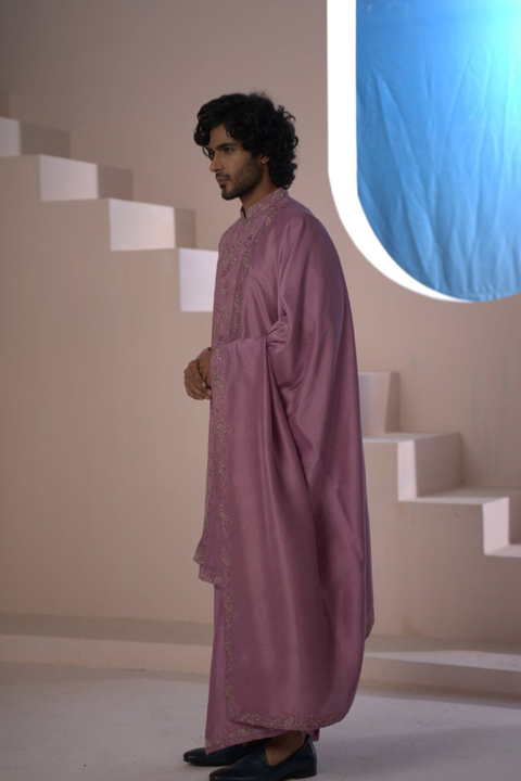 Velora — Mauve Pink Hand Embroidered Falling Raw Silk Sherwani