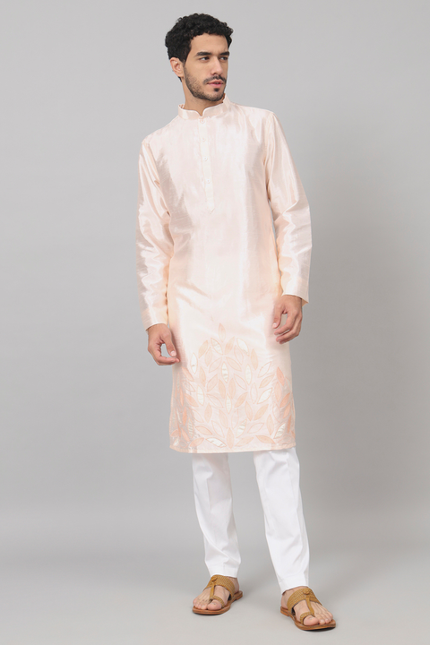 Abrikos — Peach Embroidered Falling Raw Silk Kurta