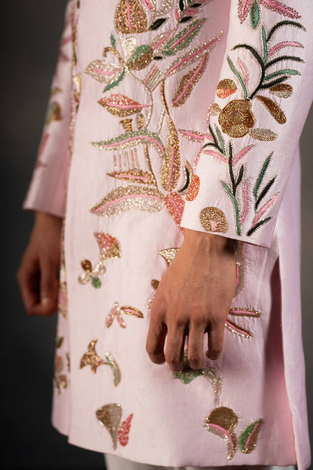 Pink Haven — Pink Hand Embroidered Dupion Silk Sherwani