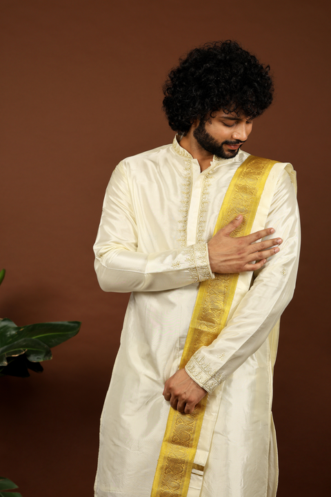 Heuso — Off-White Gold Thread Embroidered Pattu Kurta Set