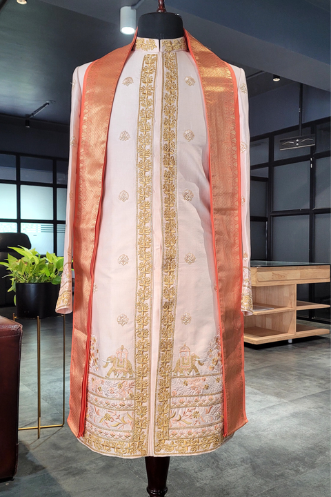 Serenity — Peach Hand Embroidered Raw Silk Sherwani