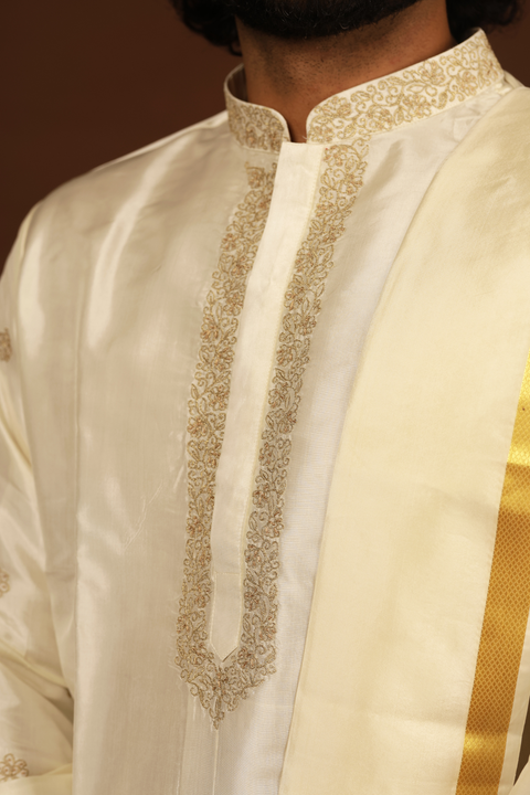 Lujo — Off-White Thread Embroidered Pattu Kurta Set
