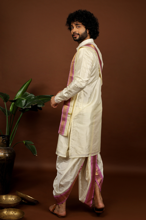 Rahn — Off-White Lavender Thread Embroidered Pattu Kurta Set
