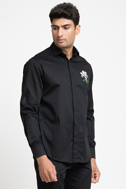 Leafy Petal — Black Hand Embroidered Giza Cotton Shirt