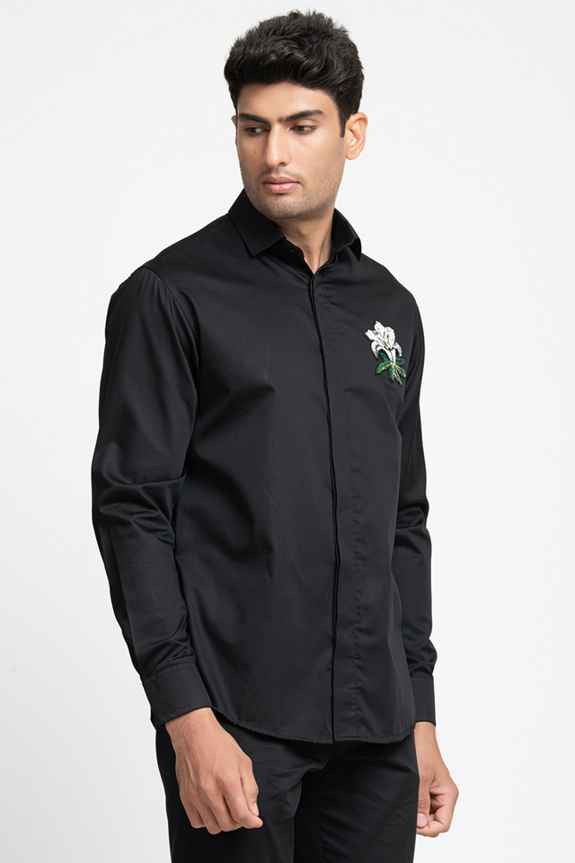 Leafy Petal — Black Hand Embroidered Giza Cotton Shirt