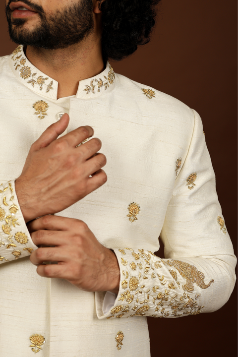 Oro — Off White Gold Hand Embroidered Raw Silk Sherwani & Dhoti Set