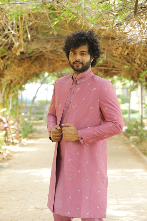 Frein — Dusty Pink Hand Embroidered Dupion Silk Indo-Western Set