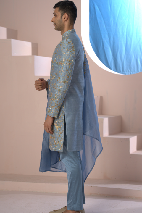 Luxavia — Blue Hand Embroidered Raw Silk Sherwani