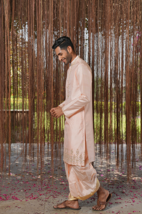 Mrudanga Kanjivaram — Light Pink Thread Embroidered Kanjivaram Pattu Silk Kurta Set