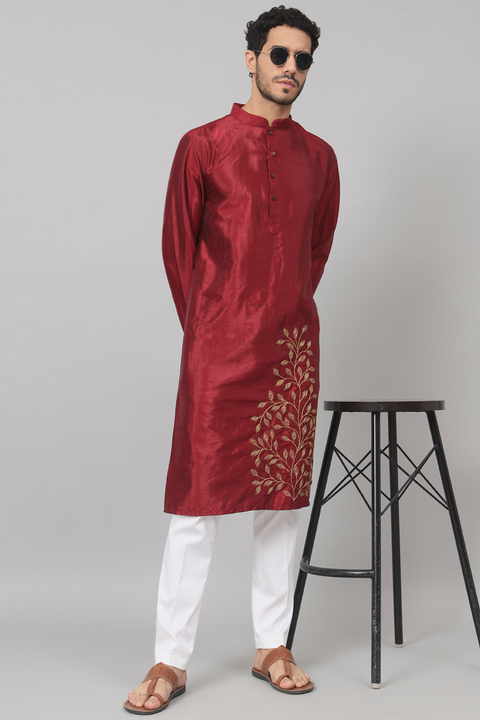 Marrom — Maroon Embroidered Falling Raw Silk Kurta
