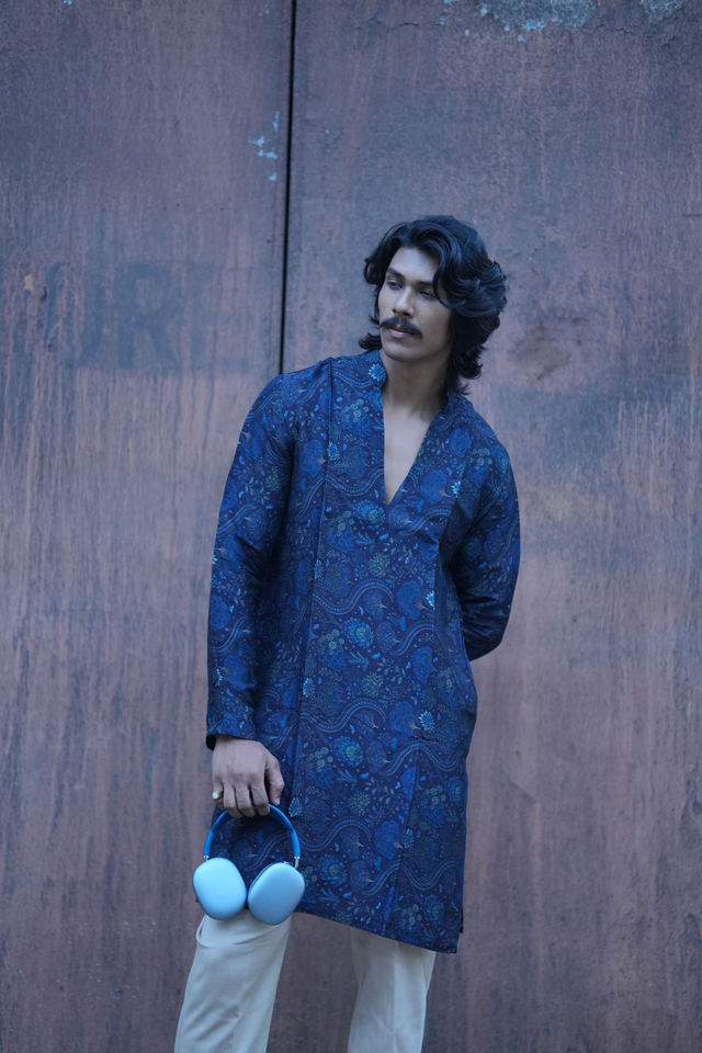 Neelvan — Midnight Blue Mughal Garden Printed Falling Raw Silk Kurta