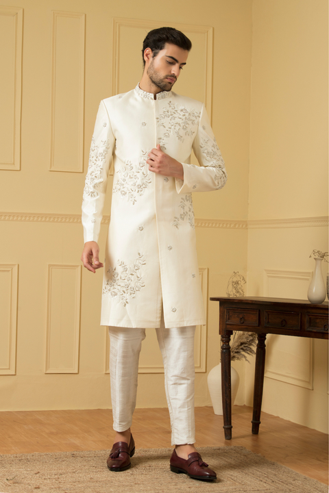 Crema — Cream Hand Embroidered Dupion Silk Sherwani