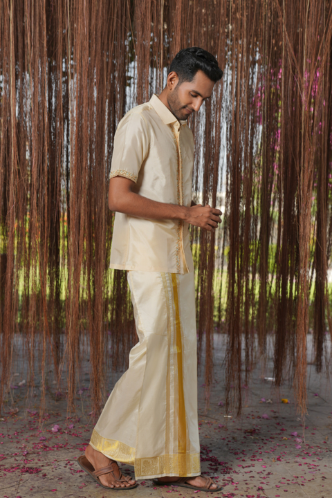 Sitara Kanjivaram — Sandstone Thread Embroidered Kanjivaram Pattu Silk Shirt & Lungi Set