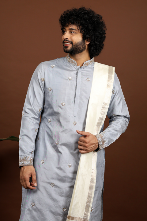Gracia — Grey & Cream Hand Embroidered Kanjivaram Pattu Kurta Set