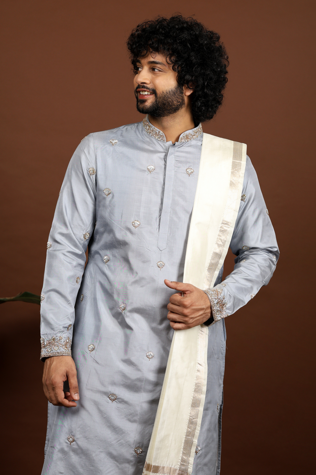 Gracia — Grey & Cream Hand Embroidered Kanjivaram Pattu Kurta Set