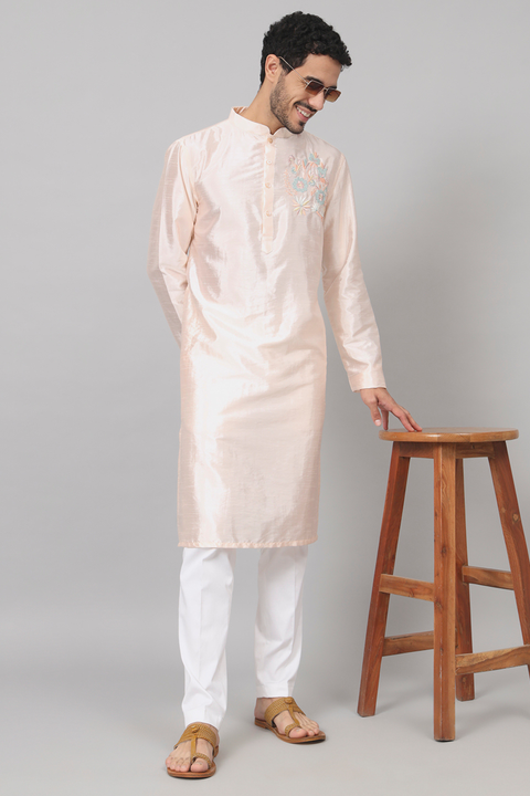 Taozi — Peach Embroidered Falling Raw Silk Kurta