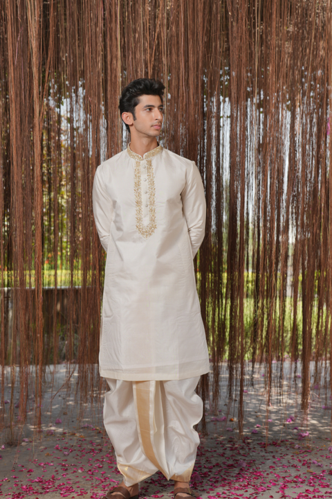 Dhvani Kanjivaram — White Hand Embroidered Kanjivaram Pattu Silk Kurta Set