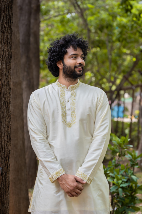 Gleaming Gold — Off-White Gold Zari Thread Embroidered Pattu Kurta Set