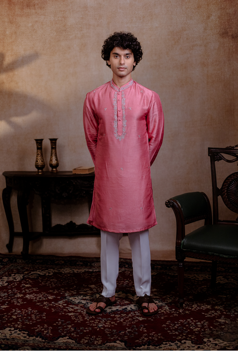 Prism Motif — Pink Geometric Embroidered Falling Raw Silk Kurta
