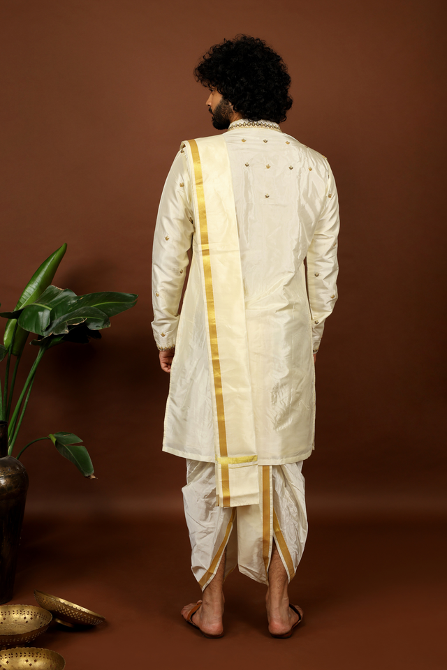 Arav — Off-White Gold Zardozi Hand Embroidered Pattu Kurta Set