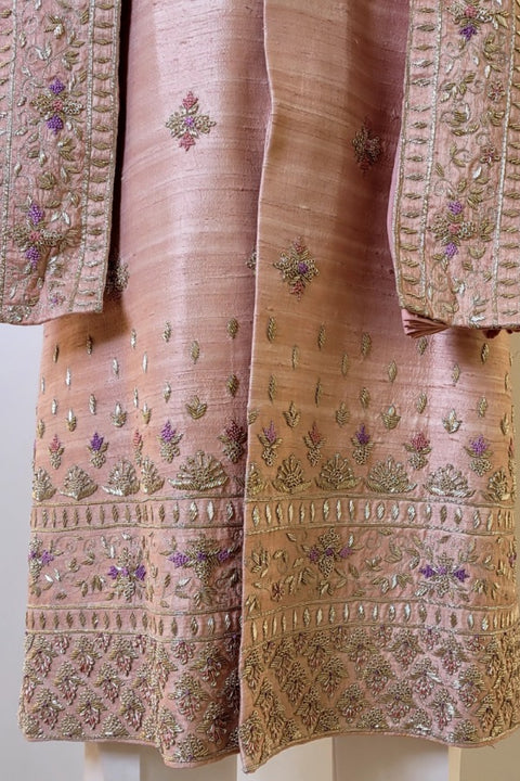 Peach Elegance — Peach Hand Embroidered Dupion Silk Sherwani