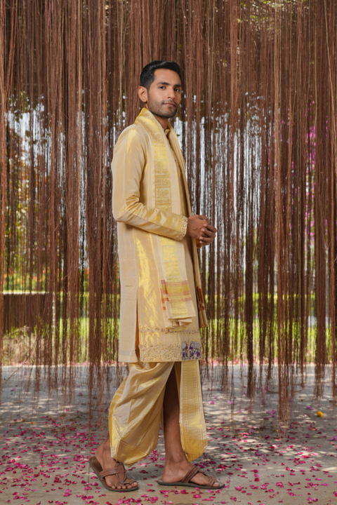 Varna Kanjivaram — Gold Thread Embroidered Kanjivaram Pattu Tissue Silk Kurta Set