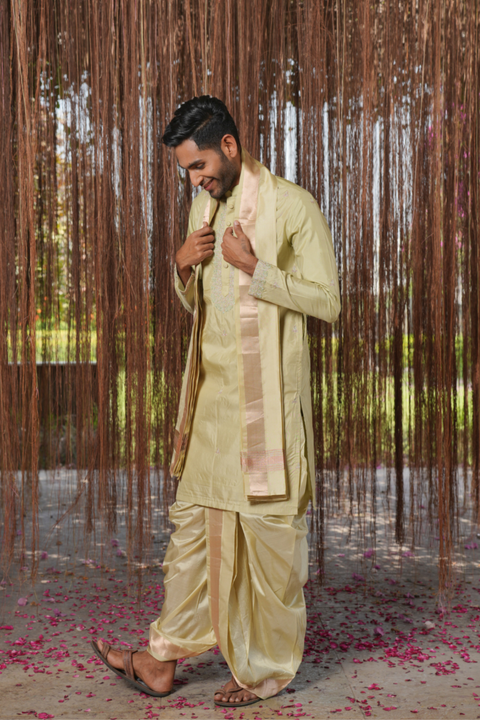 Thirunaal Kanjivaram — Olive Thread Embroidered Kanjivaram Pattu Silk Kurta Set