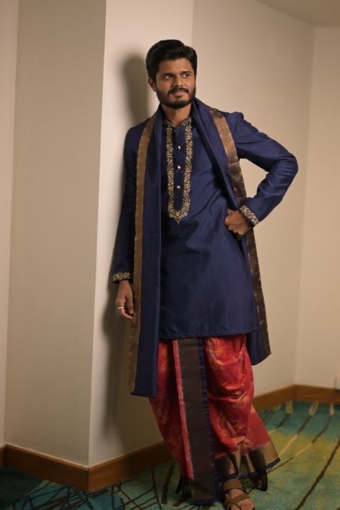 Royal Navratna — Navy Blue Zari Embroidered Dupion Silk Kurta & Dhoti Set