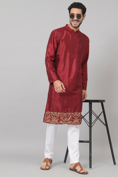 Rubyino — Maroon Embroidered Semi Raw Silk Kurta