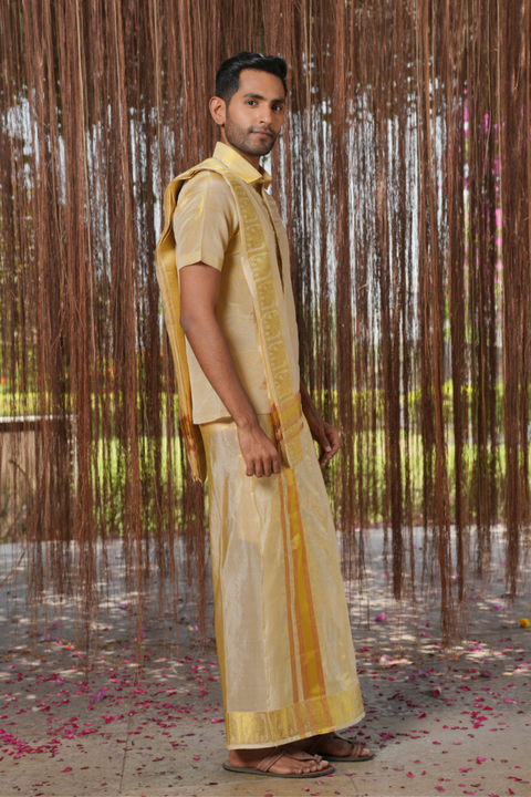 Raziya Kanjivaram — Gold Thread Embroidered Kanjivaram Pattu Silk Kurta & Lungi Set