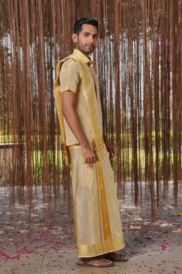 Raziya Kanjivaram — Gold Thread Embroidered Kanjivaram Pattu Silk Kurta & Lungi Set